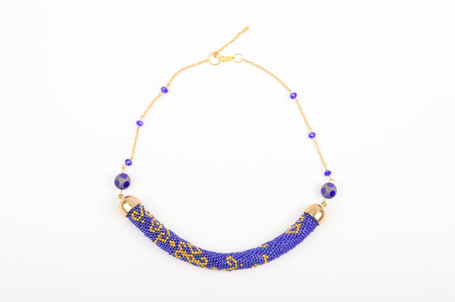 Handmade evening necklace beaded blue accessory woven stylish jewelry photo 1
