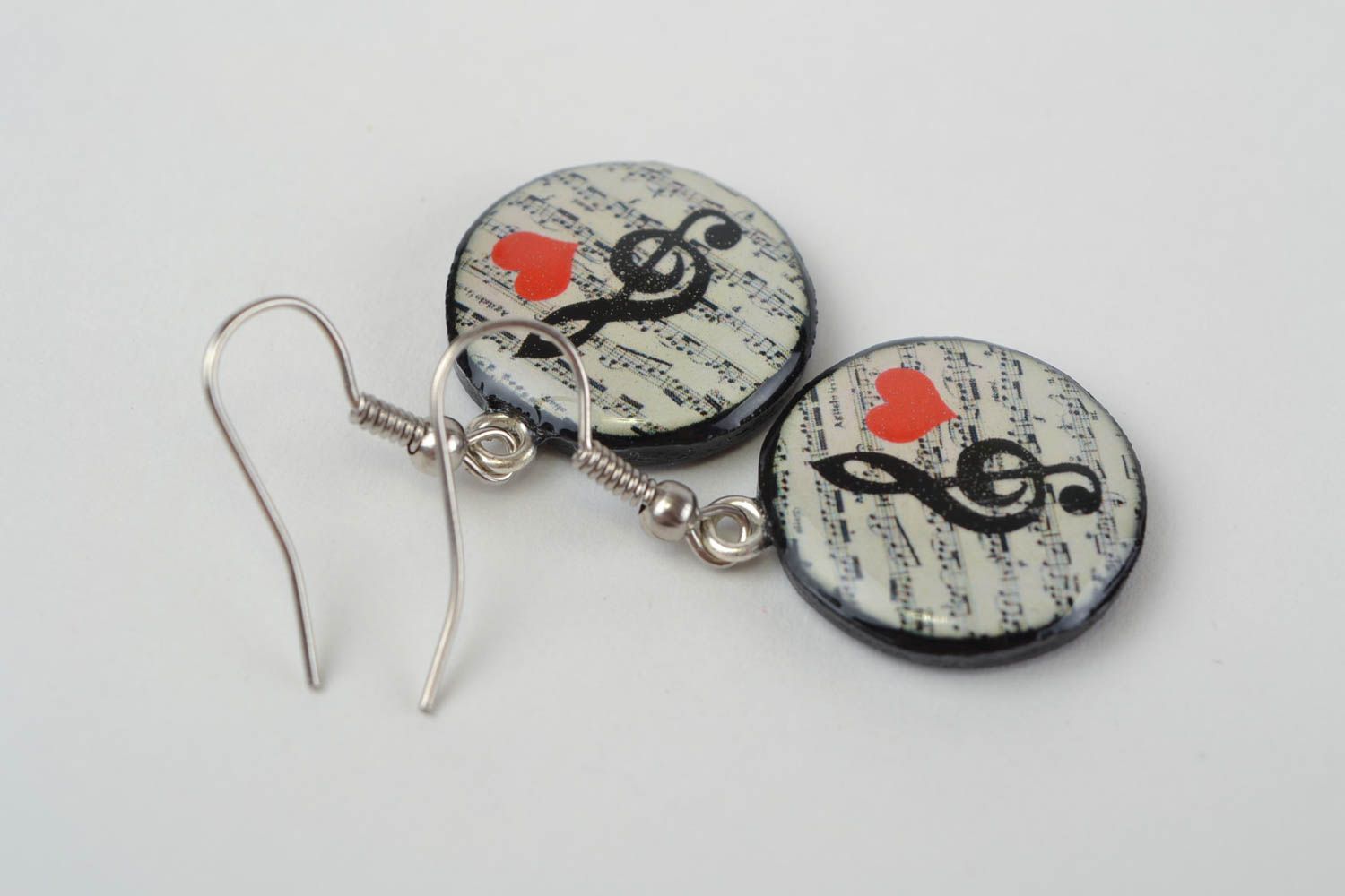 Beautiful handmade design round plastic earrings with decoupage black and white photo 5
