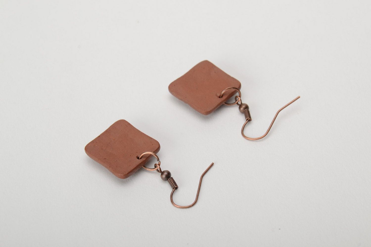 Small handmade square ceramic dangle earrings coated with enamels Chocolate photo 4
