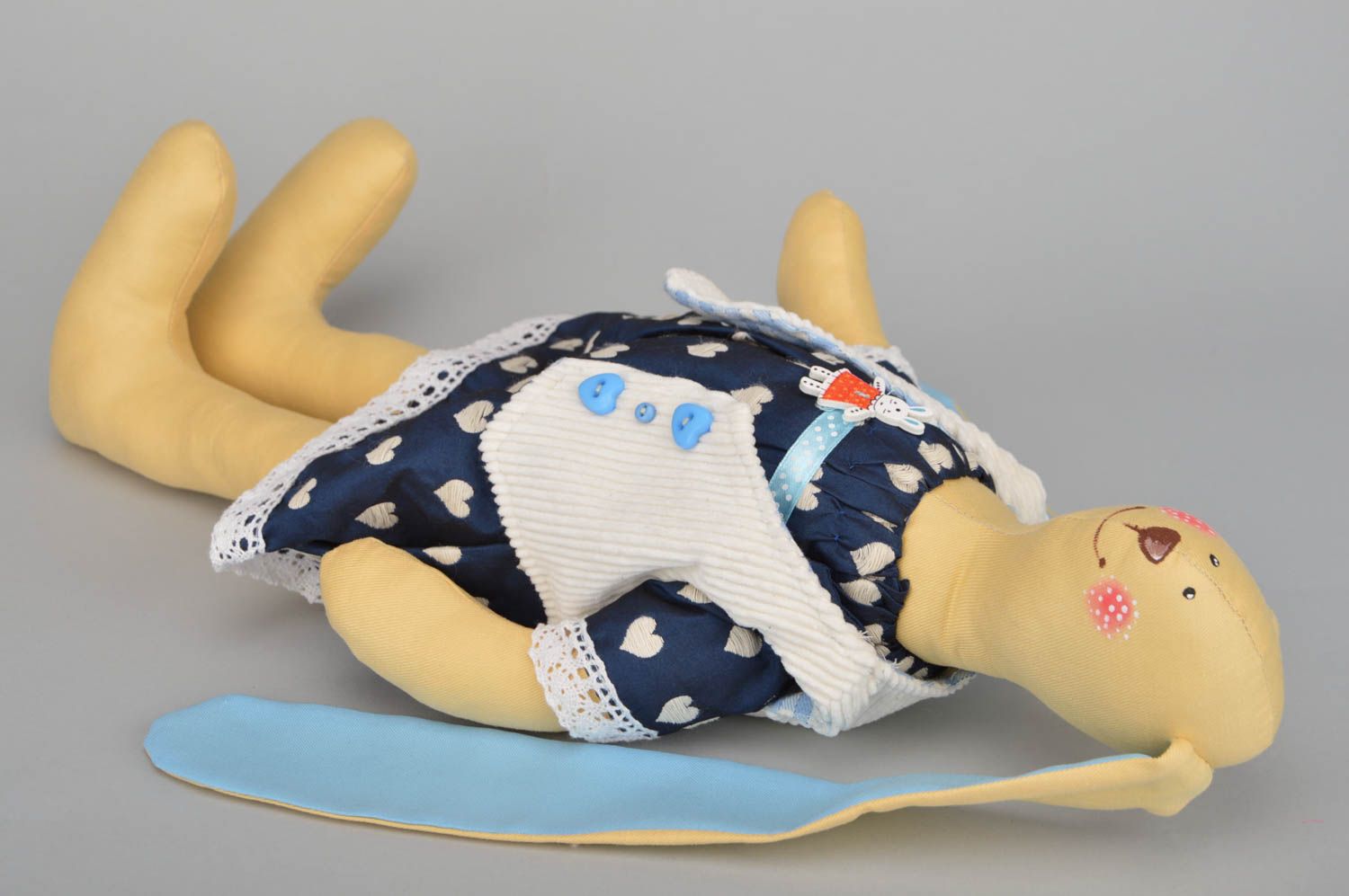Handmade designer fabric soft toy rabbit in blue dress and white vest for kids photo 2