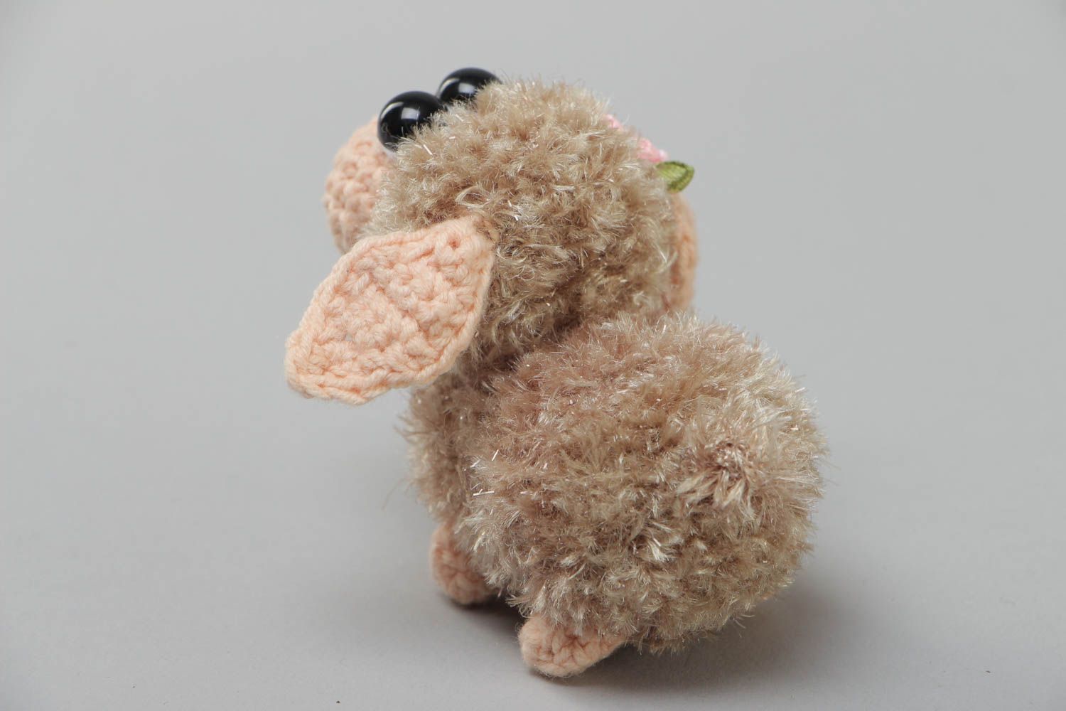 Handmade small soft toy crocheted of acrylic threads beige lamb for children photo 4