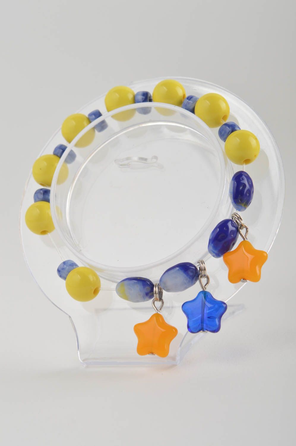 Yellow and blue beads bracelet on elastic cord cute with orange charms for girls  photo 3