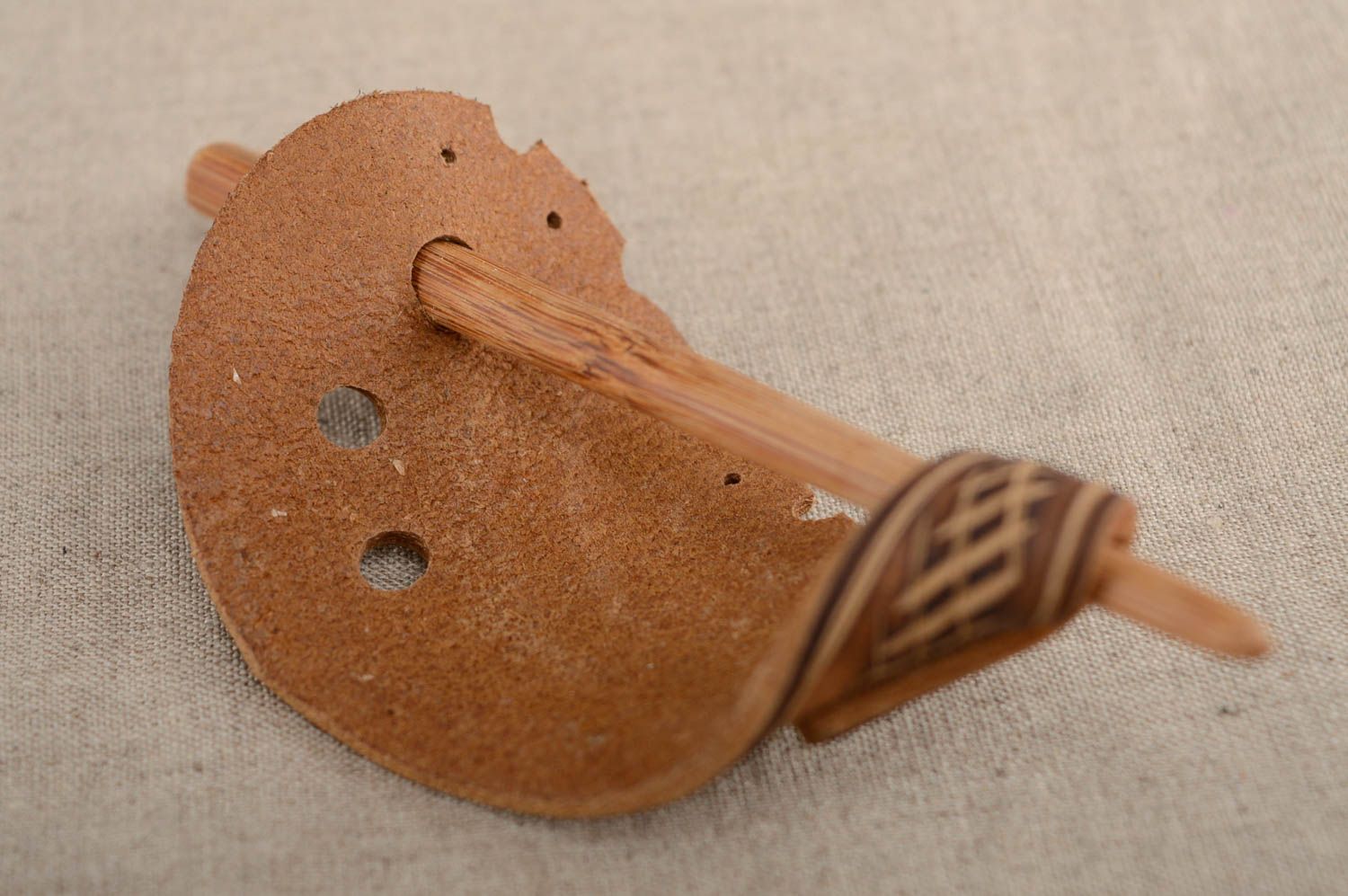 Genuine leather hairpin with wooden stick photo 5
