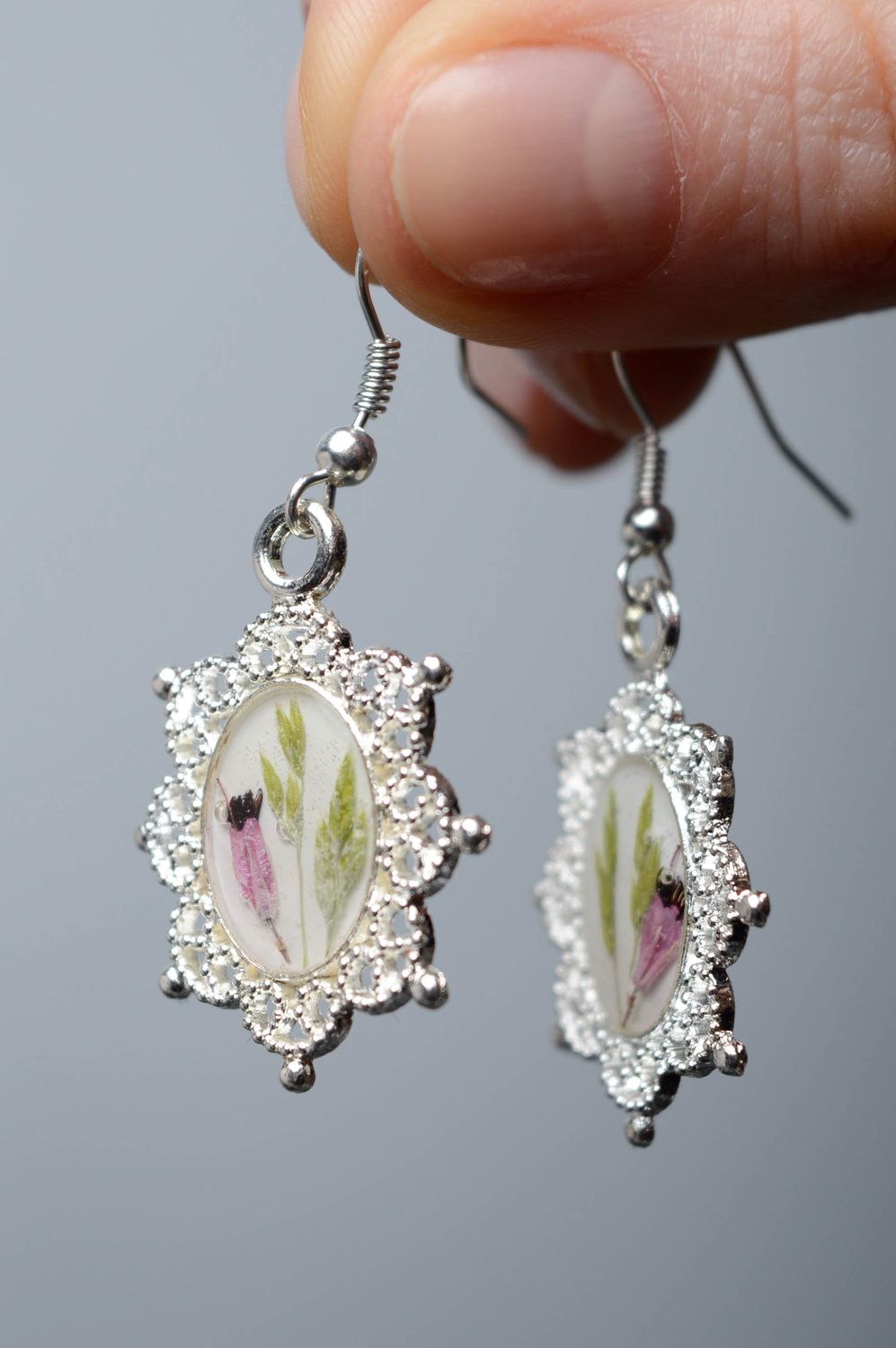 Long earrings with natural verbena flowers photo 1