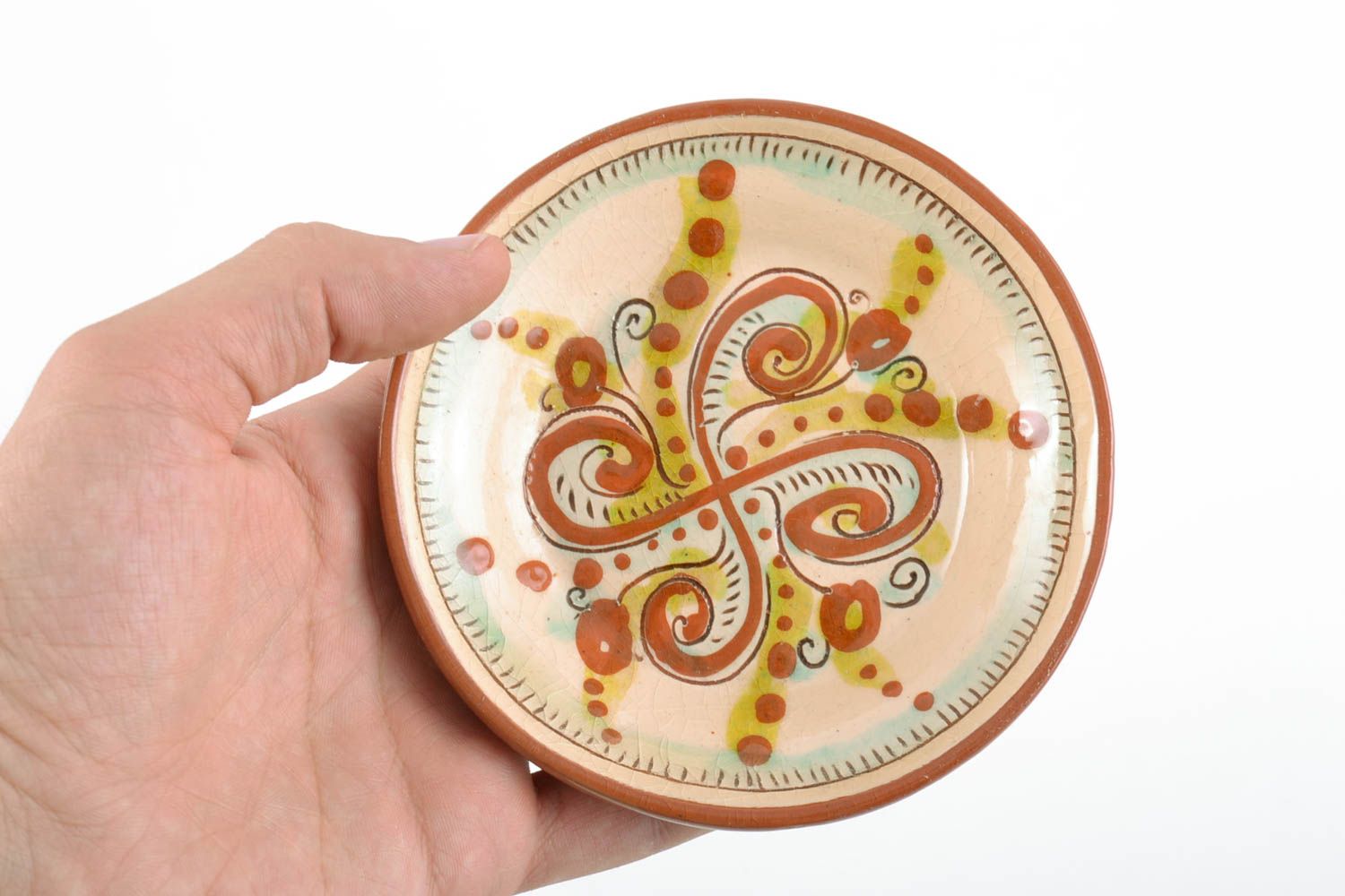 Beautiful colorful handmade small decorative painted clay wall plate photo 2
