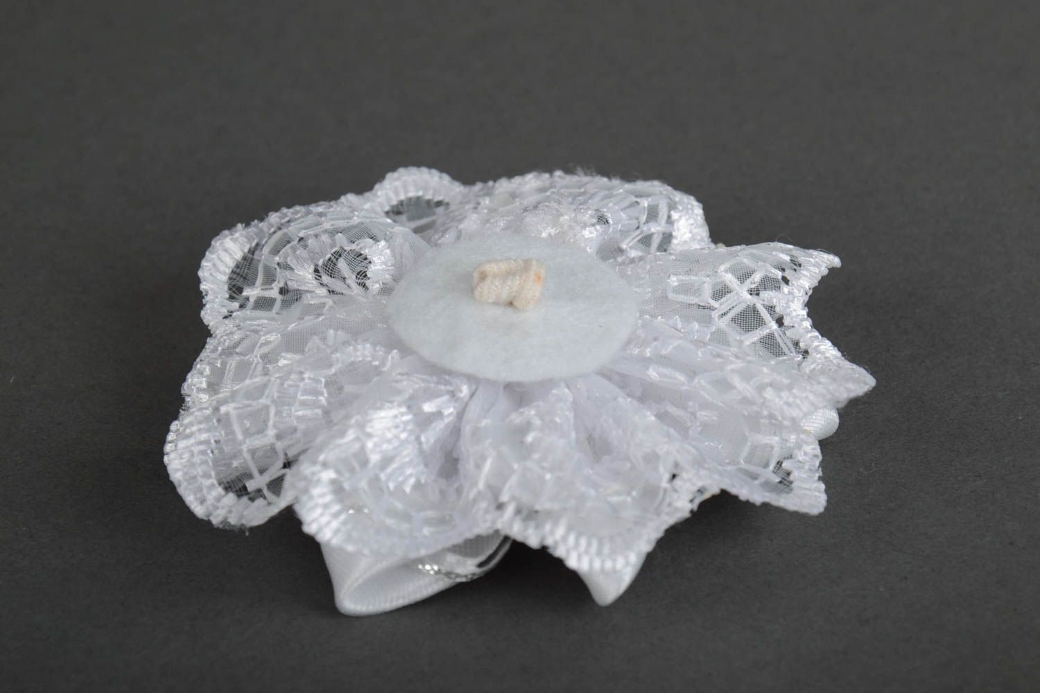 Decorative handmade white satin ribbon flower with lace for accessory making photo 3