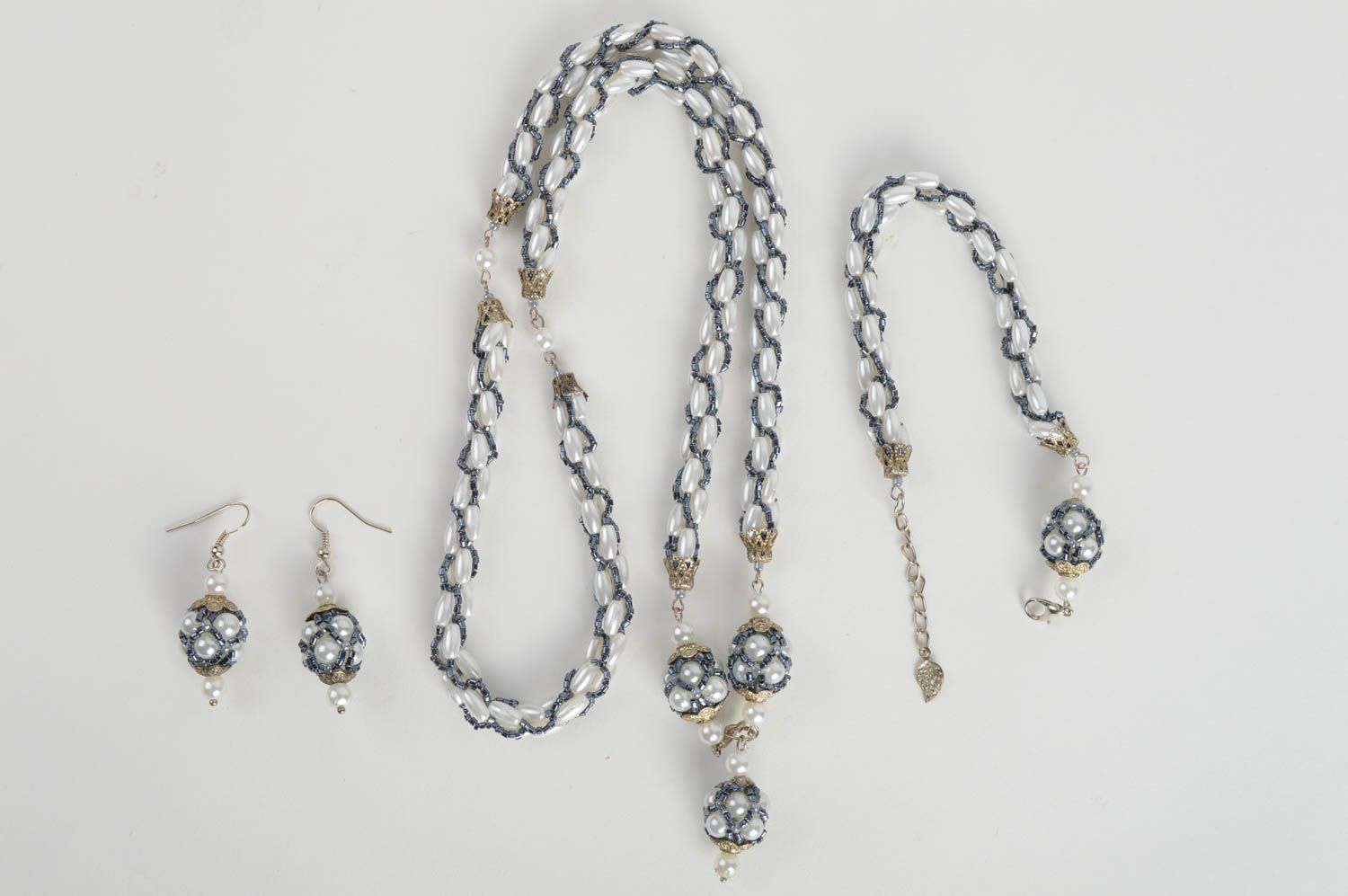Parure collier boucles d'oreilles bracelet perles d'imitation faits main photo 5