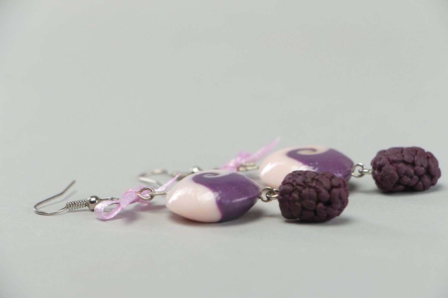 Handmade plastic dangle earrings Mulberry photo 2