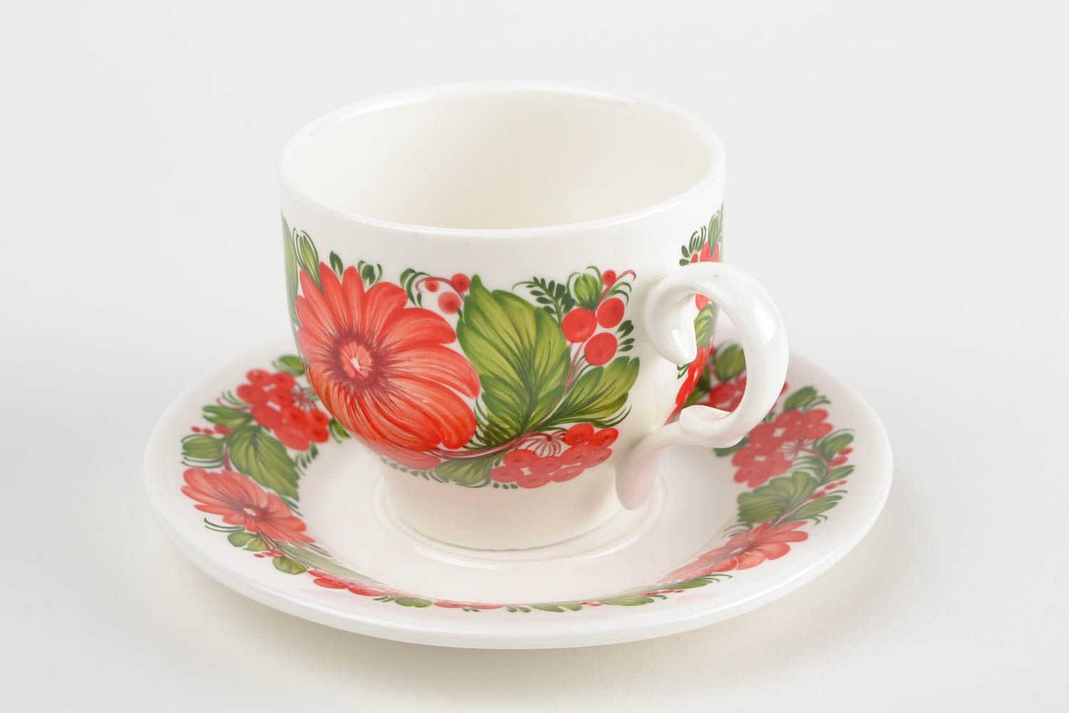 8 oz porcelain coffee cup with Russian style floral red and green pattern photo 4