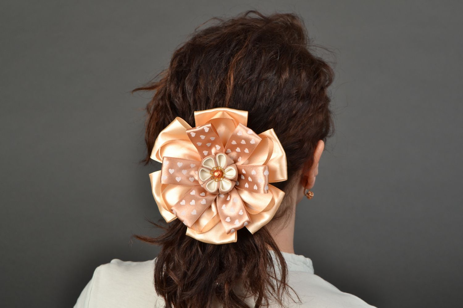 Satin ribbon hair tie with bow Beige photo 1