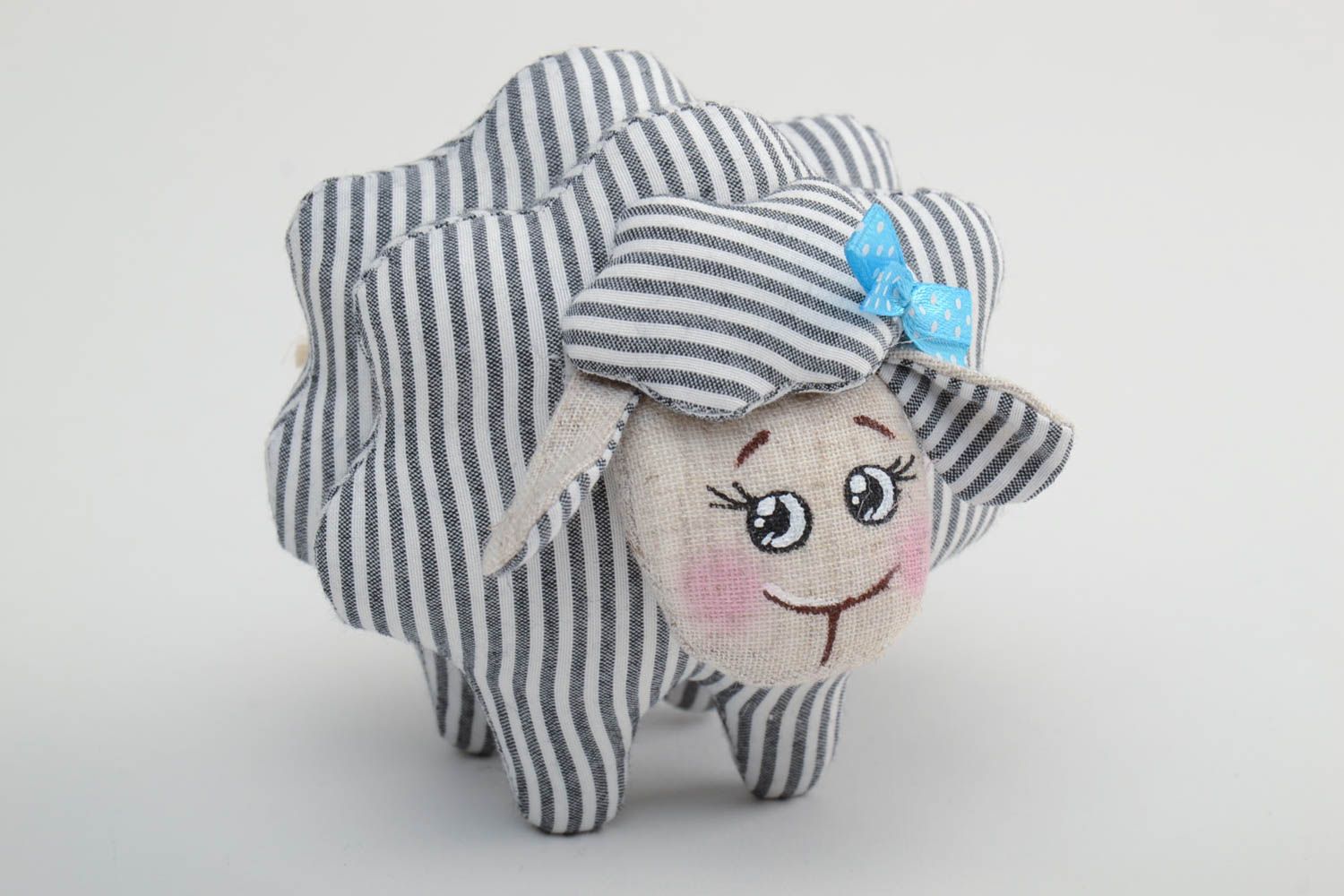 Handmade small soft toy sewn of striped linen fabric painted with acrylics Lamb photo 2
