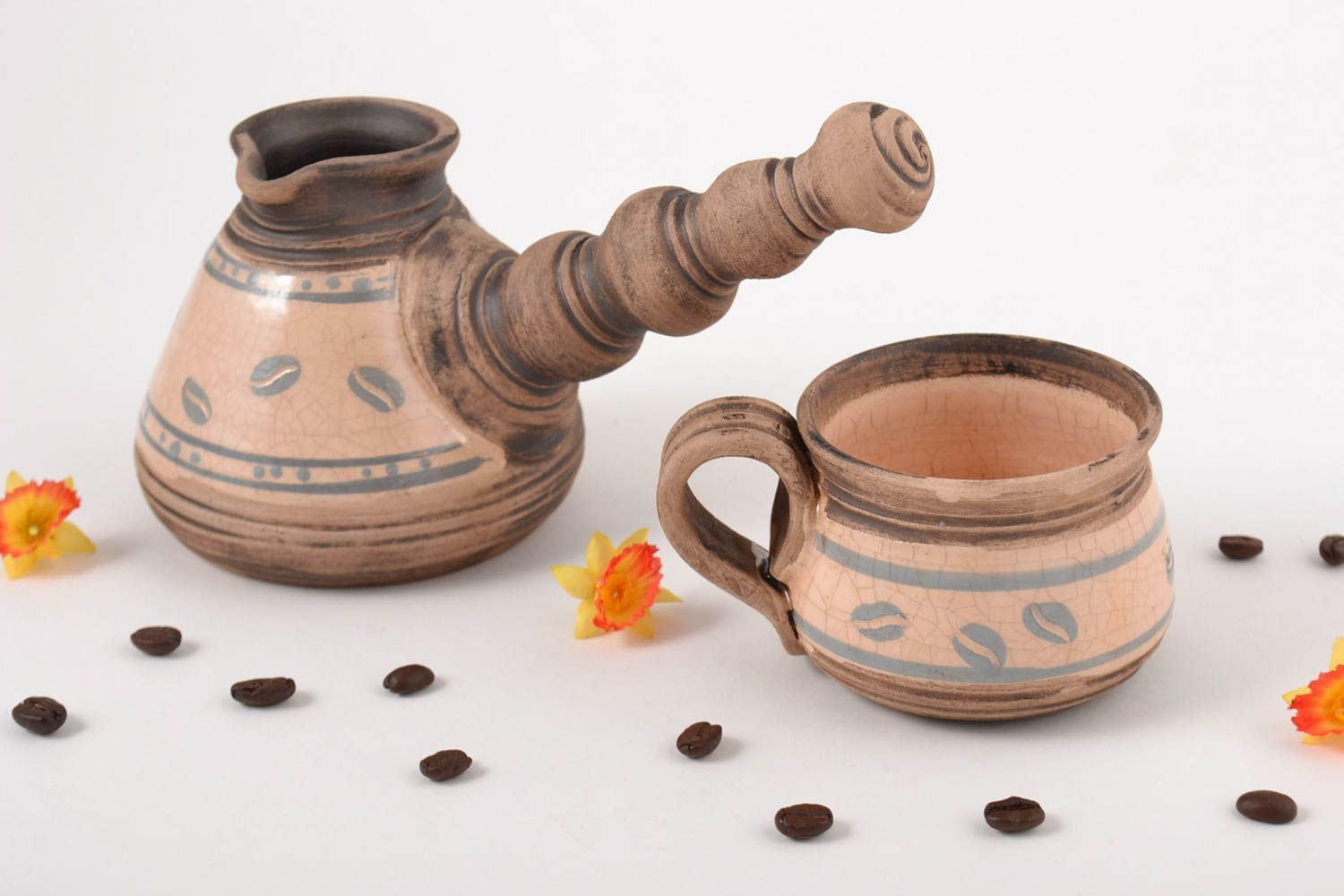 Ceramic handmade coffee set of one cup and one coffee turk photo 1