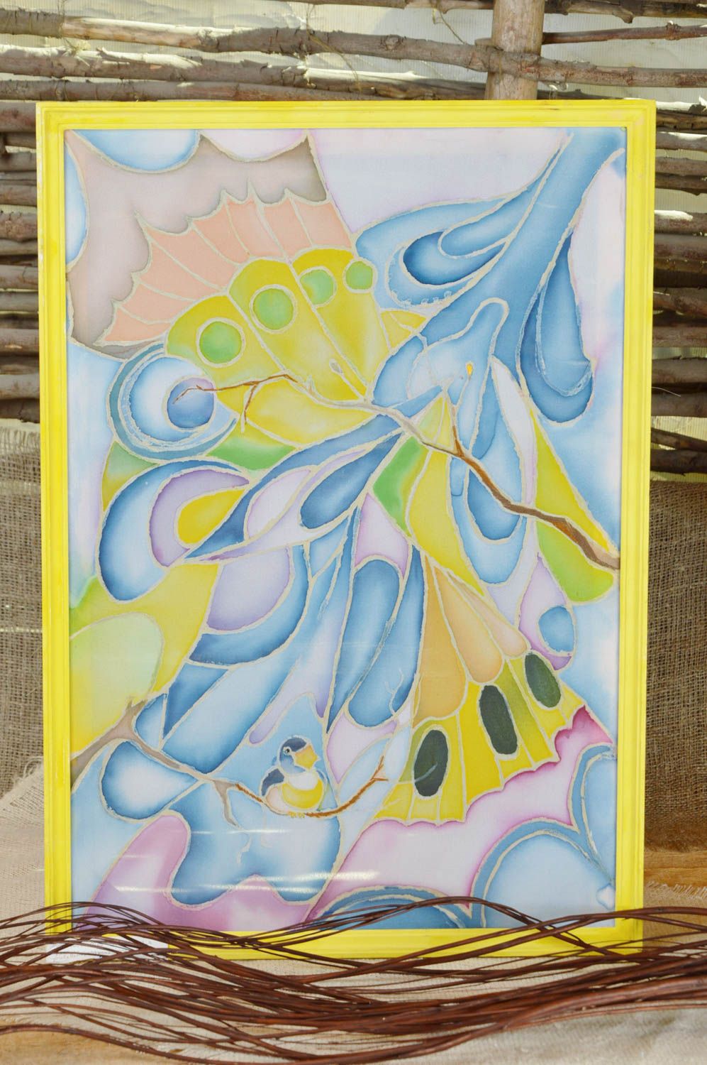 Картина в технике холодный батик тканевая ручной работы авторская Зимние птицы фото 1