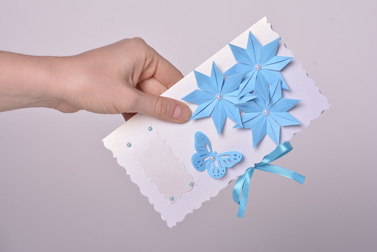 Carte de voeux design faite main en carton blanc-bleu originale Idée cadeau photo 4