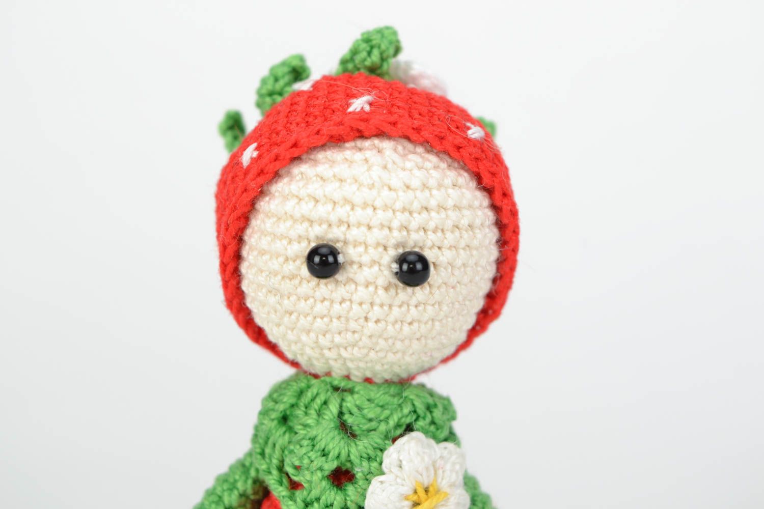 Beautiful handmade crochet cotton toy Girl in strawberry costume photo 3