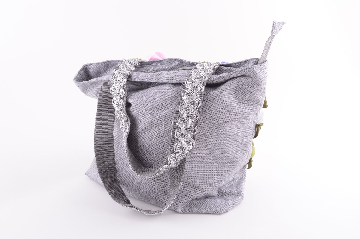 Handmade embroidered linen bag stylish shoulder bag grey designer bag photo 2