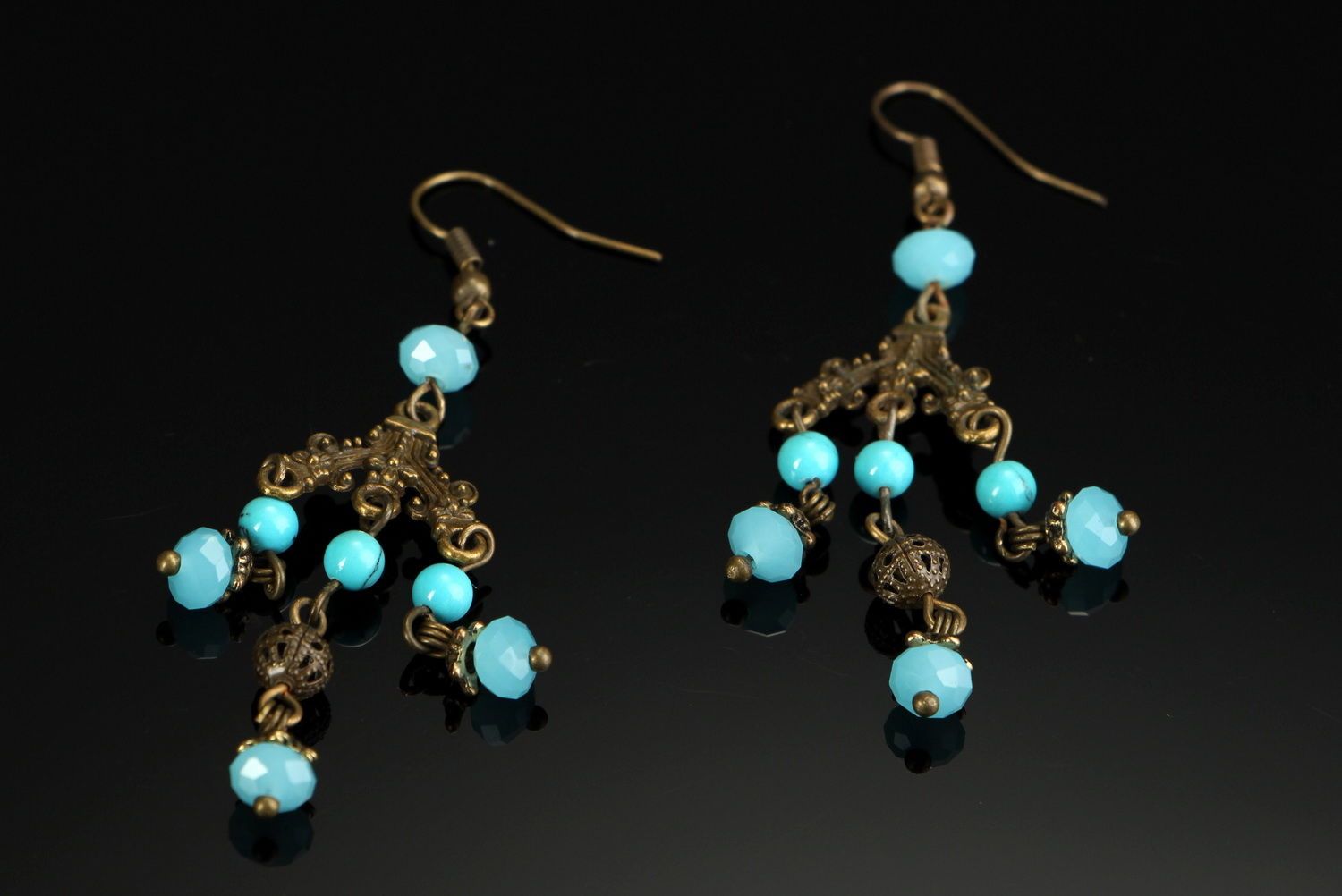 Bronze earrings with crystal and turquoise photo 4
