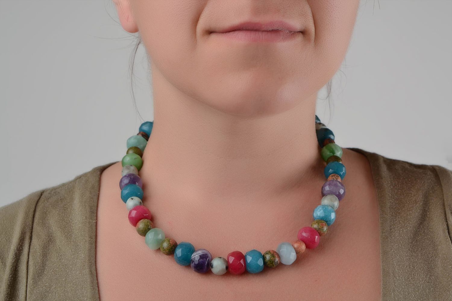 Handmade designer colorful women's necklace with natural stone beads photo 2
