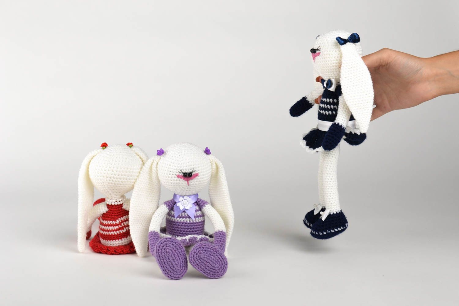 Peluches animaux lapines Jouets faits main tricotés 3 pièces Cadeau enfant photo 5