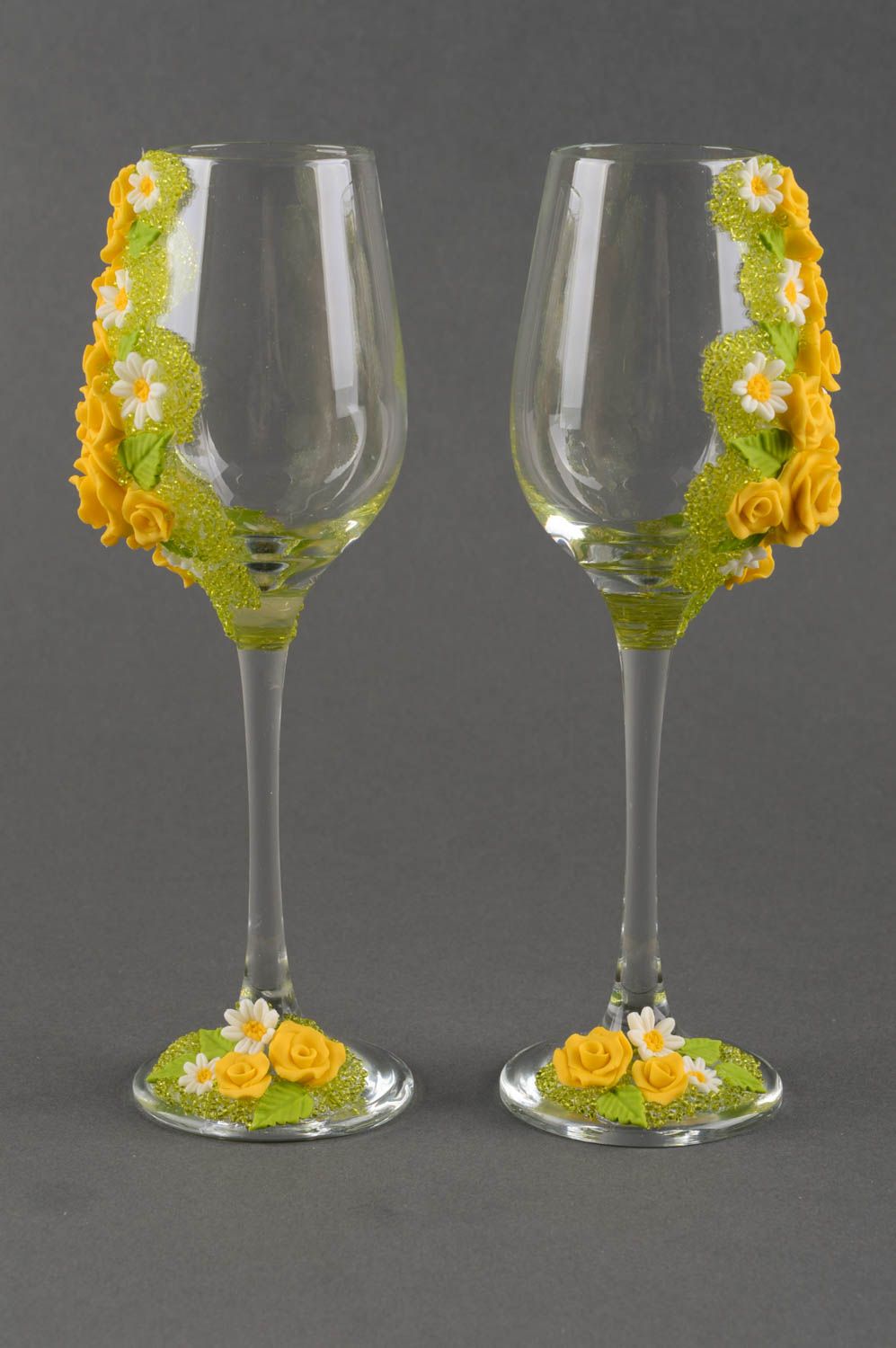 Verres à champagne fait main Vaisselle en verre fleurs jaunes Cadeau original photo 9
