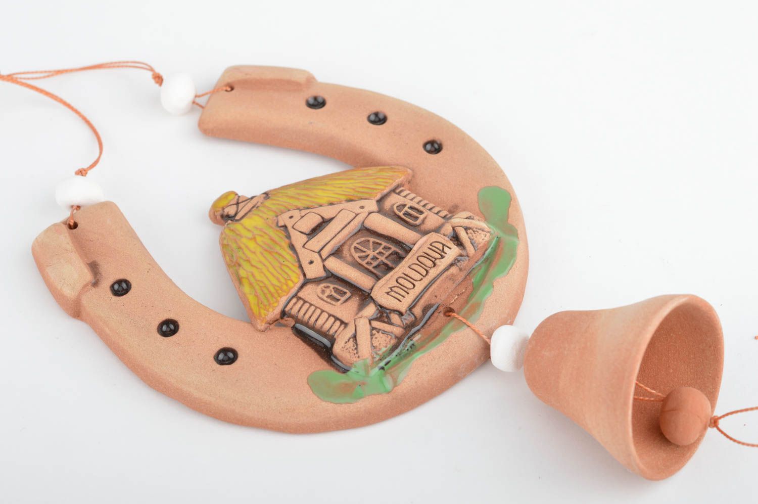 Ceramic handmade interior pendant for home horseshoe with a house and bell photo 2