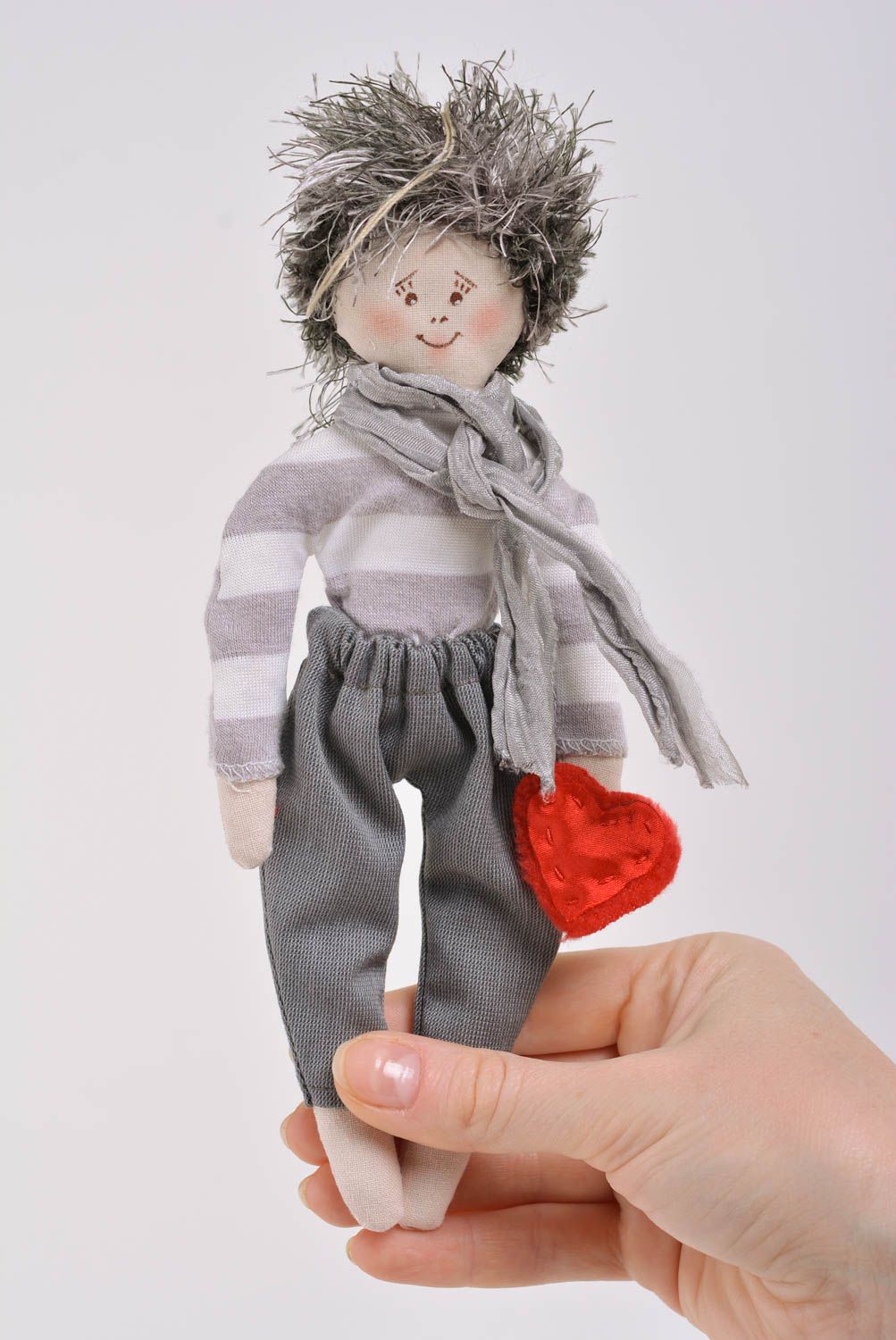 Handmade designer interior fabric soft toy boy with gray scarf and red heart photo 4