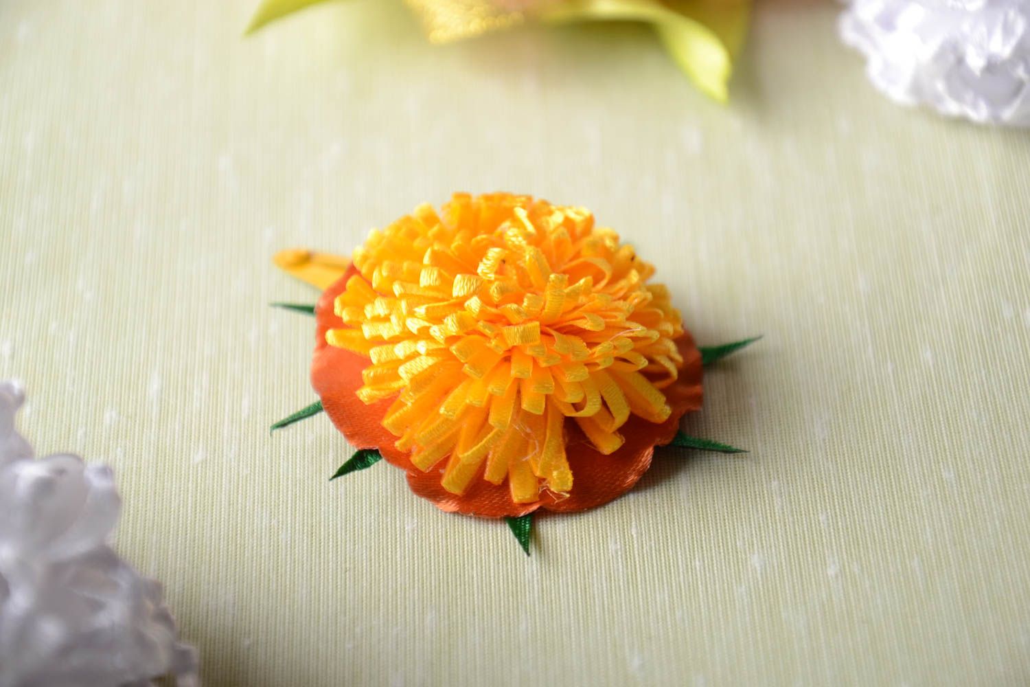 Handmade yellow hair clip unusual fleece accessory hair clip in shape of flower photo 1