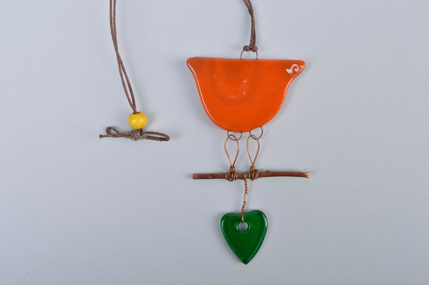 Handmade designer fused glass wall hanging orange bird and green heart photo 5