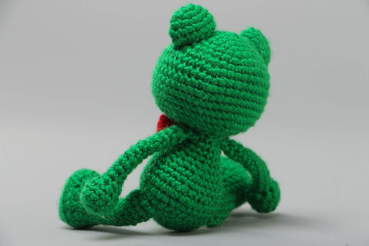 Handmade soft toy crocheted of acrylic threads bright green frog for children photo 4