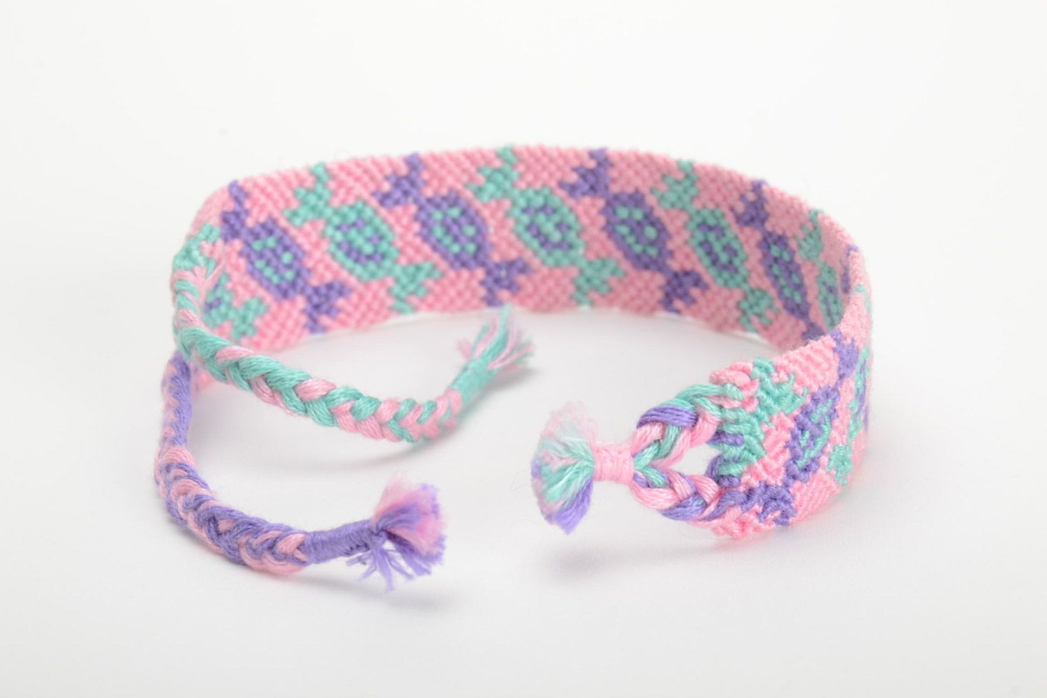 Handmade friendship wrist bracelet woven of pink and violet threads Candies photo 3