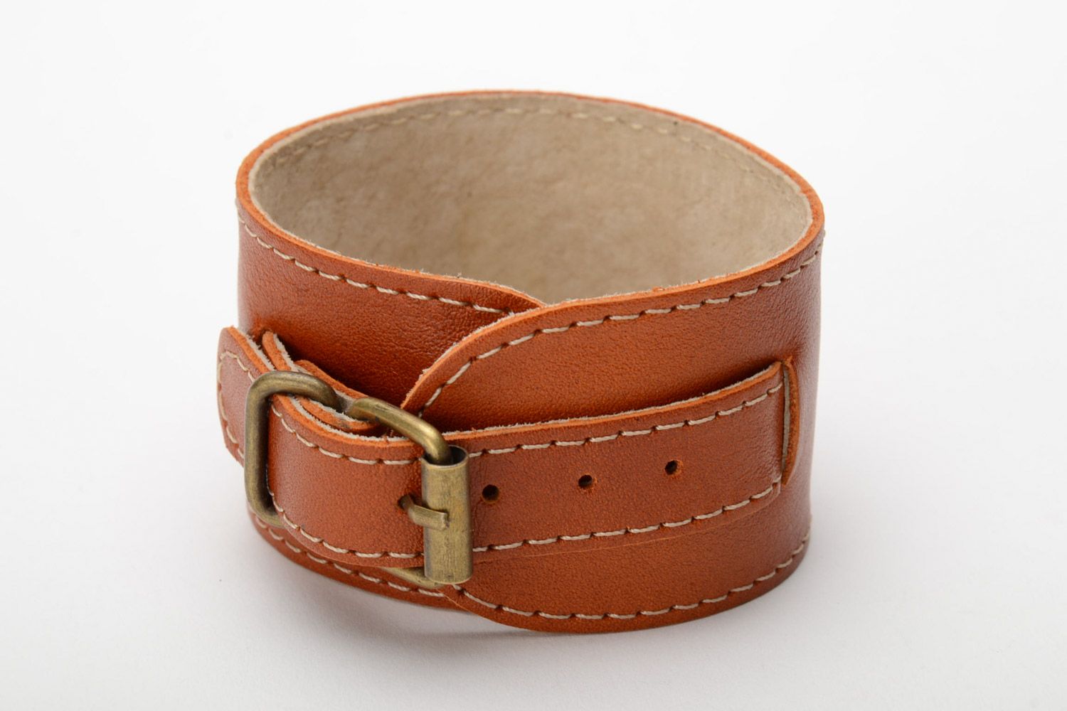Light brown broad handmade genuine leather wrist bracelet with metal fittings photo 3