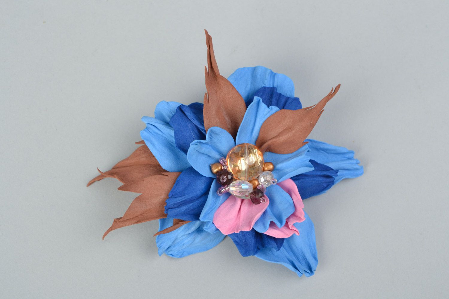 Handmade designer hair clip brooch with foamiran flower in blue and brown colors photo 3