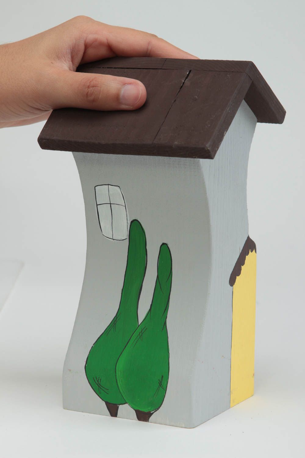 Maison miniature grise faite main Figurine en bois décorative Cadeau original photo 5