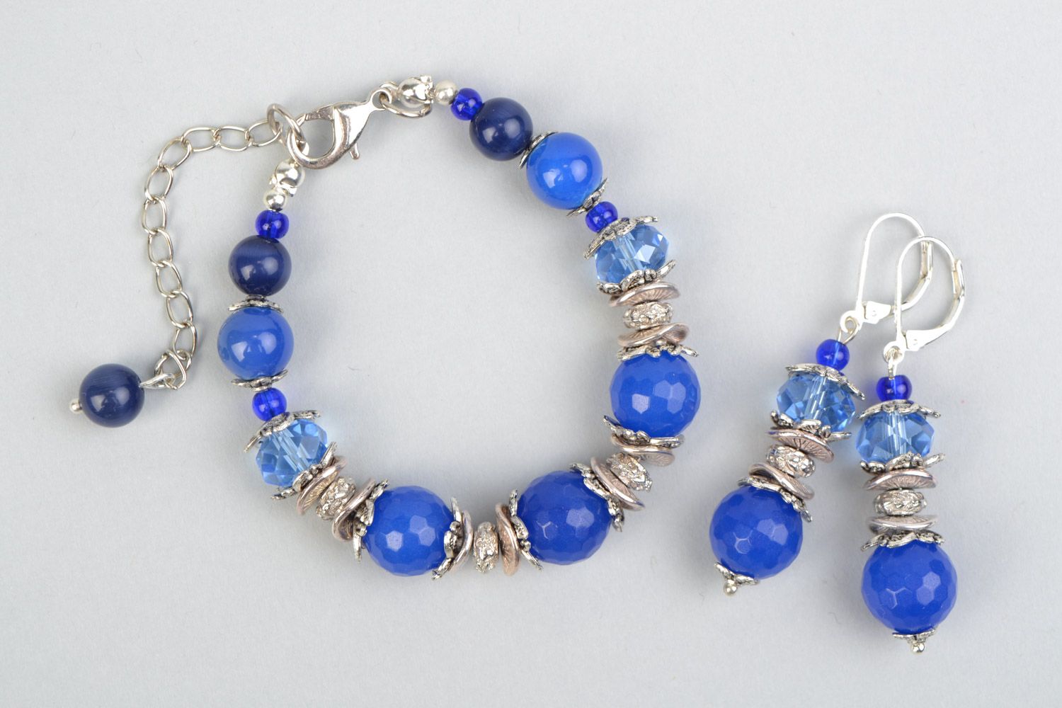 Handmade jewelry set with agate and glass beads in blue color earrings and bracelet photo 1