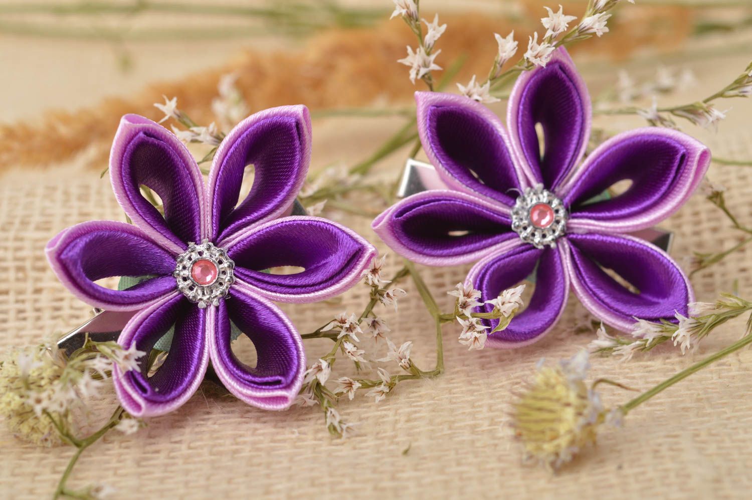 Handmade hair clips for kids stylish kanzashi hair clips 2 pieces violets photo 5