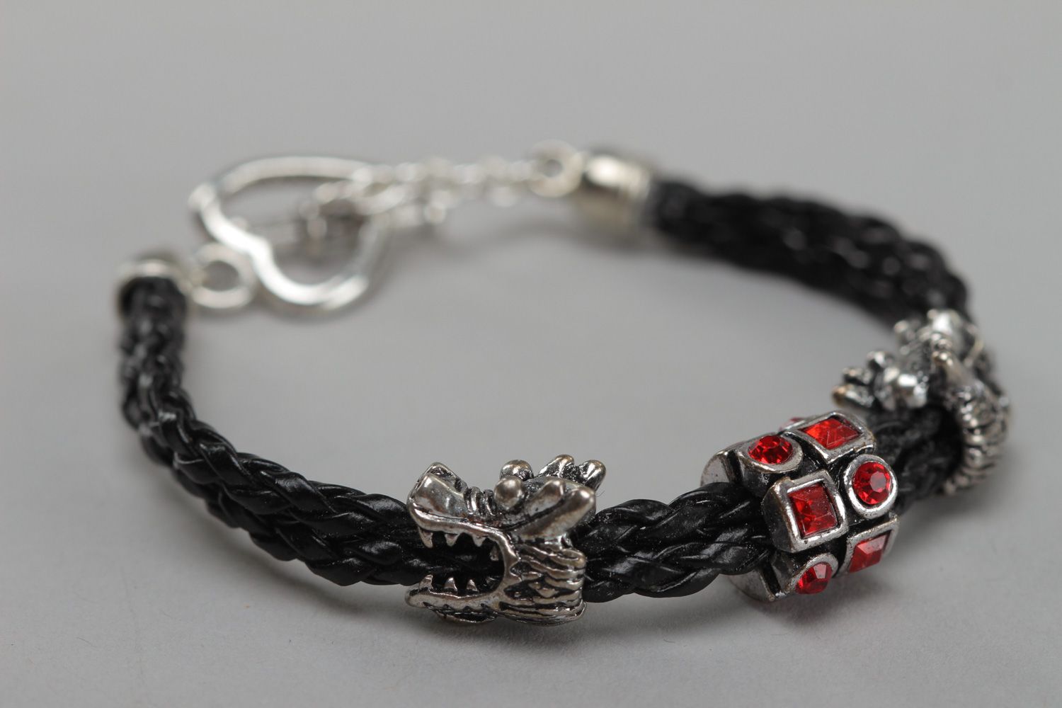 Thin black handmade faux leather bracelet with metal charms in Orient style photo 3
