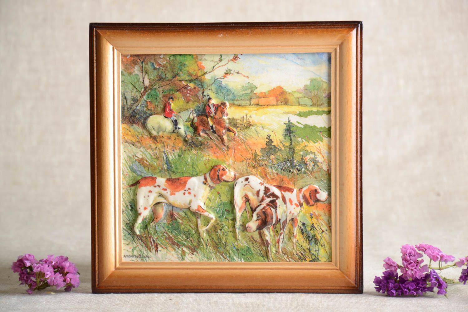 Handmade Bild mit Holzrahmen Wandbild aus Holz Gemälde modern Hunde Wand Bild  foto 1