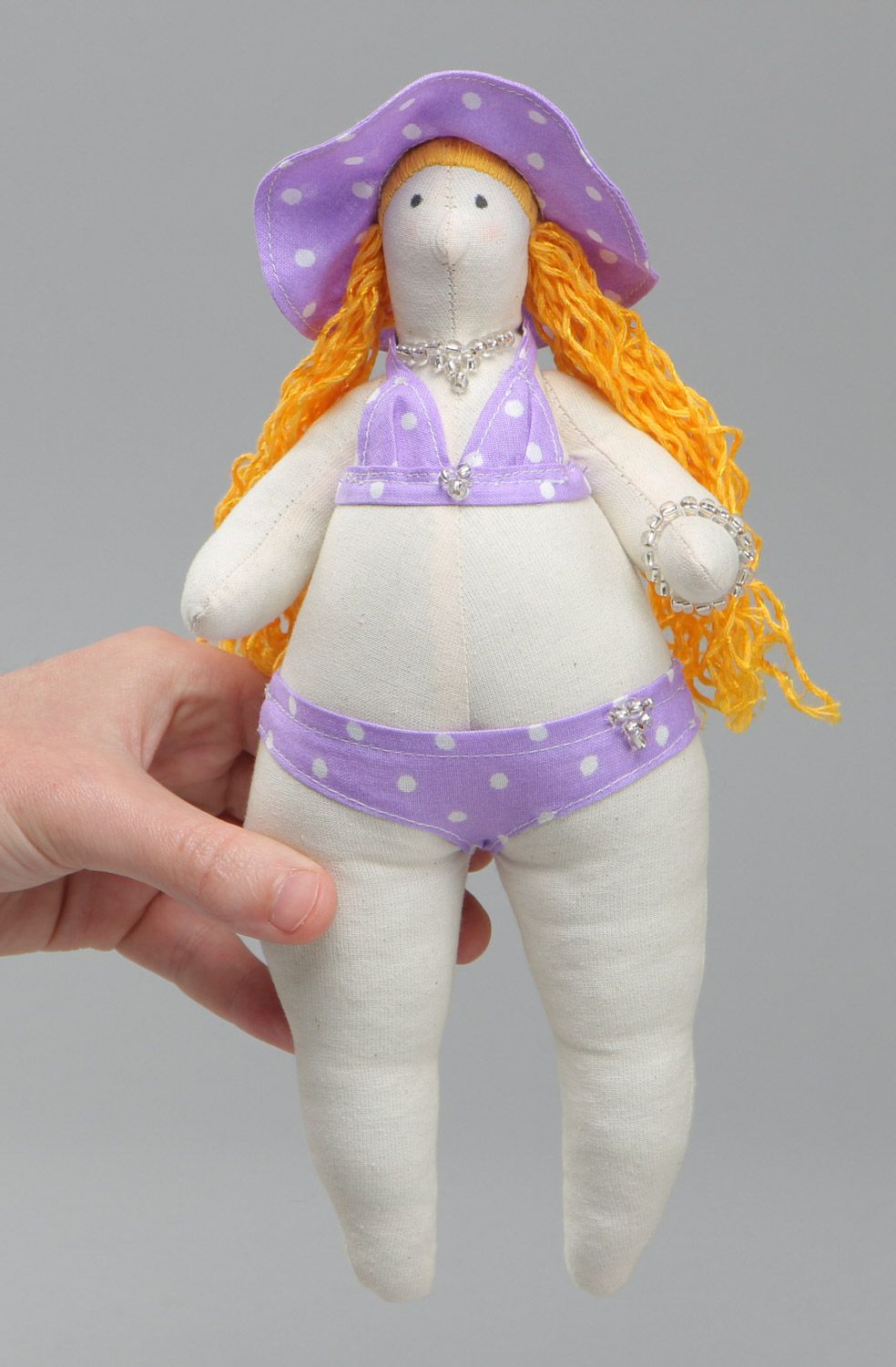 Handmade designer soft doll swimmer sewn of natural fabrics photo 5