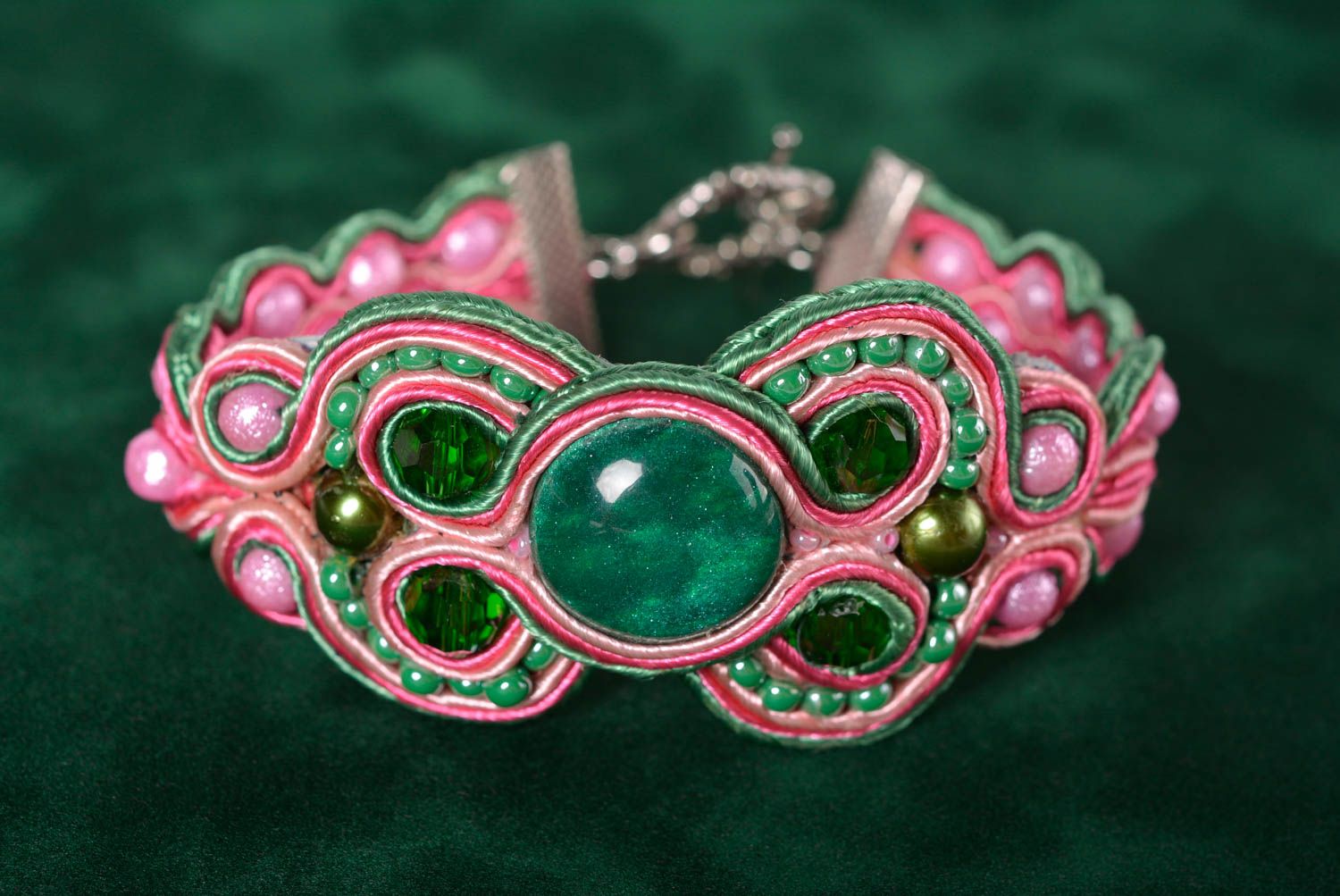 Bracelet soutache Bijou fait main rose vert large original Cadeau pour femme photo 1