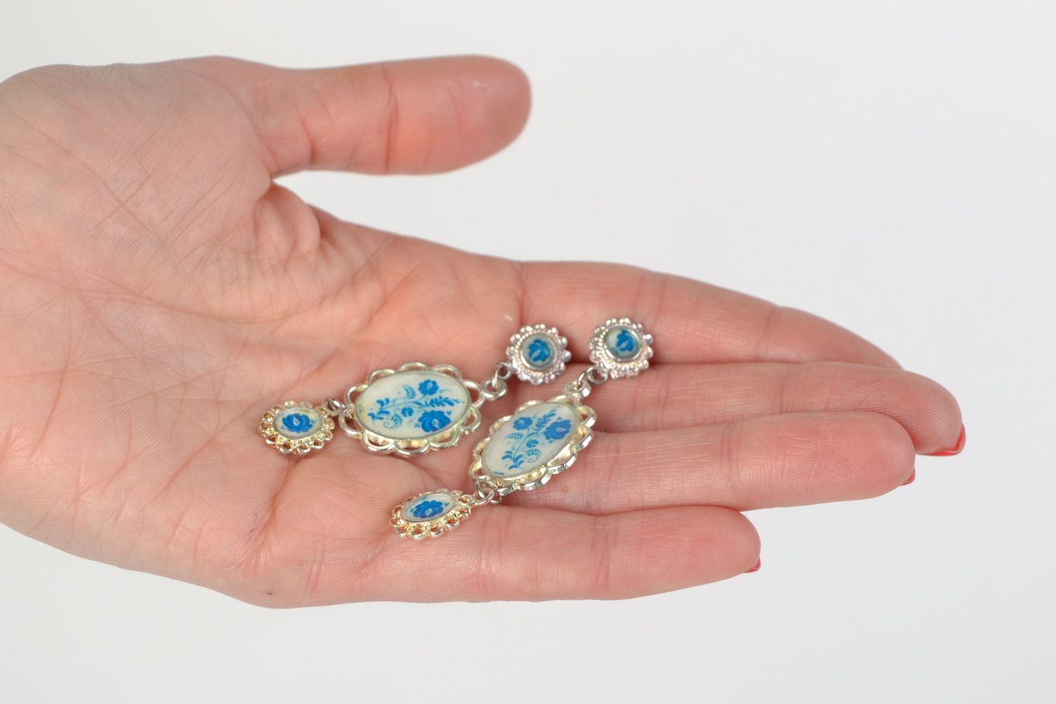 Handmade long vintage earrings with jewelry epoxy resin in blue color palette photo 2