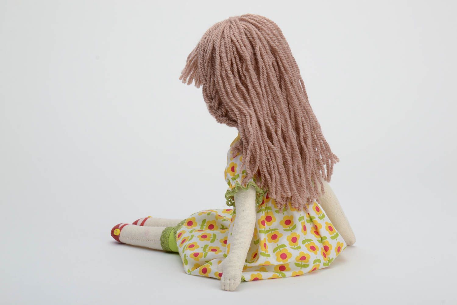 Handmade designer soft doll sewn of cotton fabric girl in floral dress photo 4