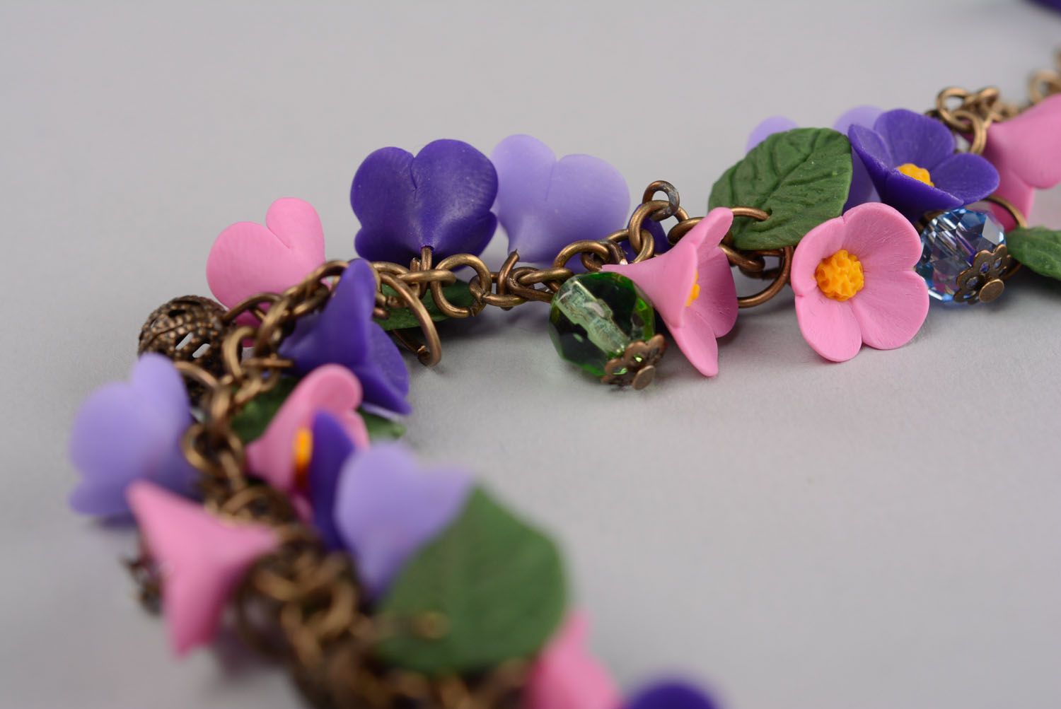 Dark blue, light blue, pink lilac flowers' bracelet for a girl photo 4