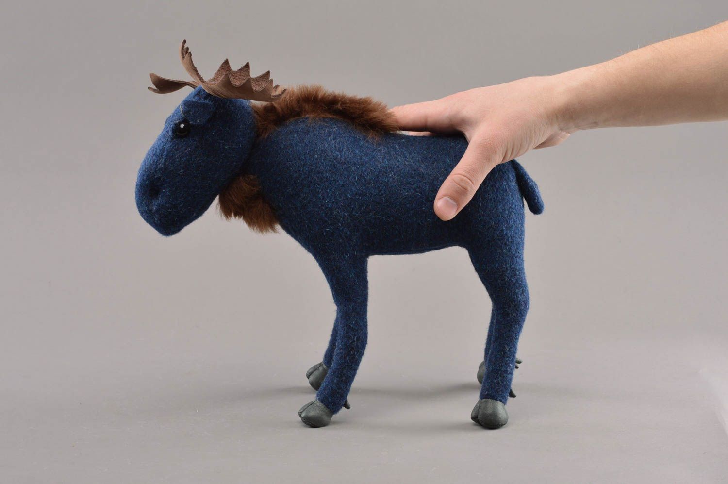Small handmade blue soft toy elk sewn of half woolen fabric for kids and decor photo 4