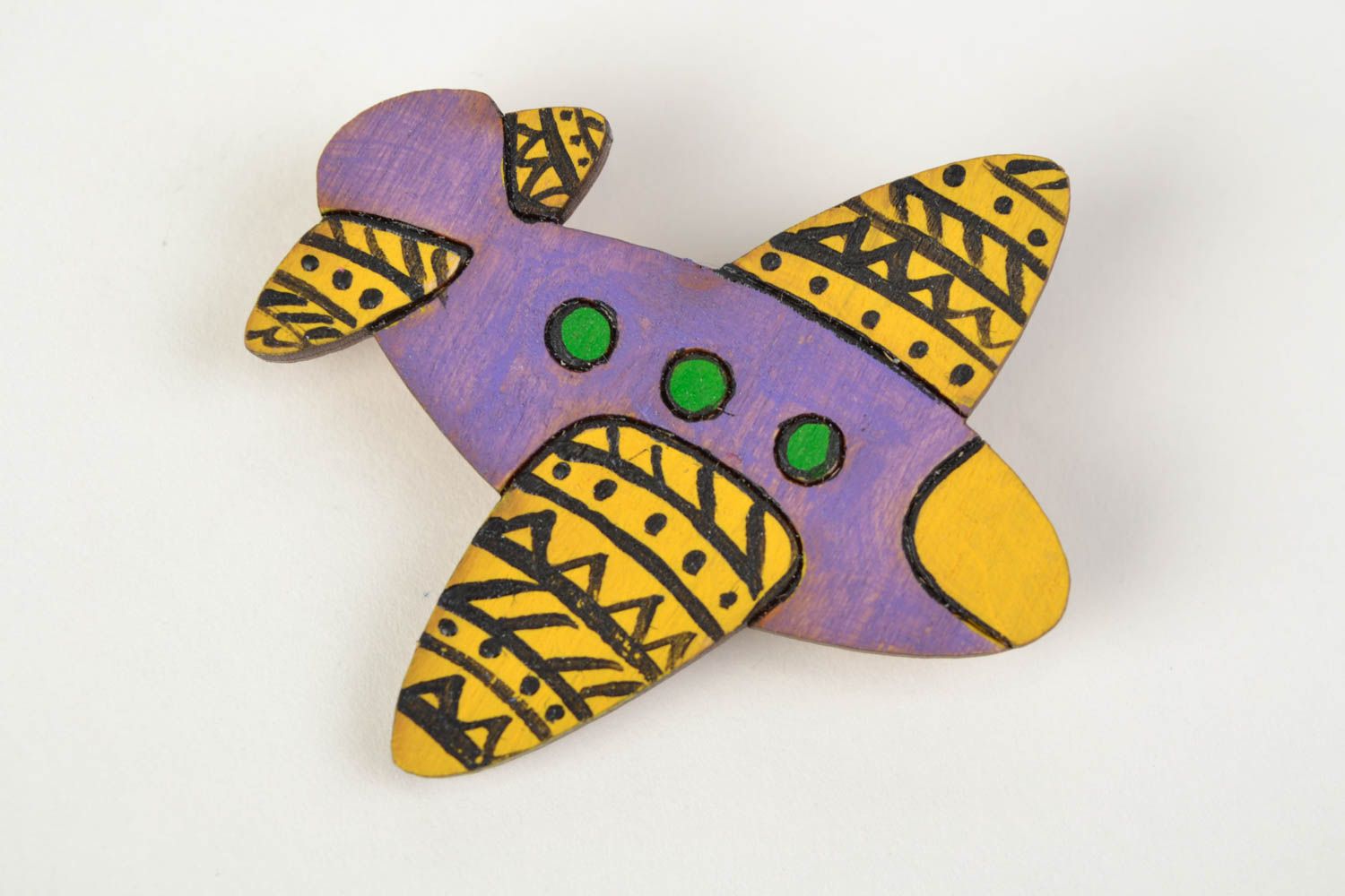 Handmade wooden brooch painted with acrylics in the shape of colorful air plane photo 1