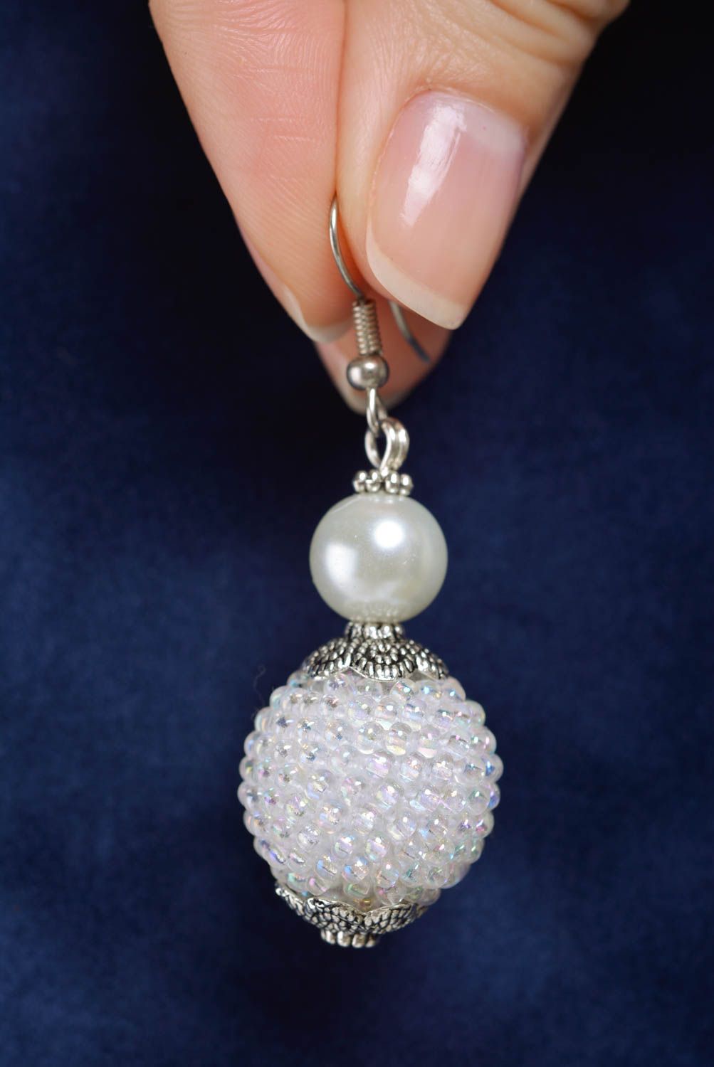 Handmade long dangling earrings with bead woven balls of snow white color photo 4