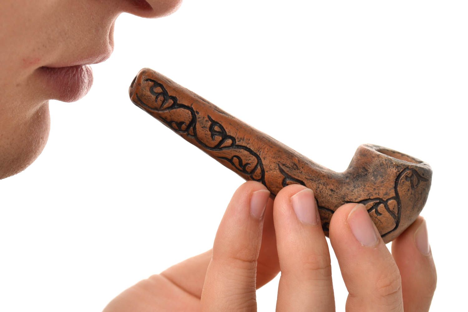 Pipa de arcilla ornamentada artículo para fumar accesorio para fumador artesanal foto 1