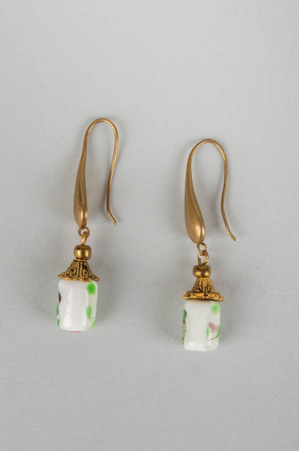 Elegant stylish unusual handmade earrings made of Murano glass and brass photo 2