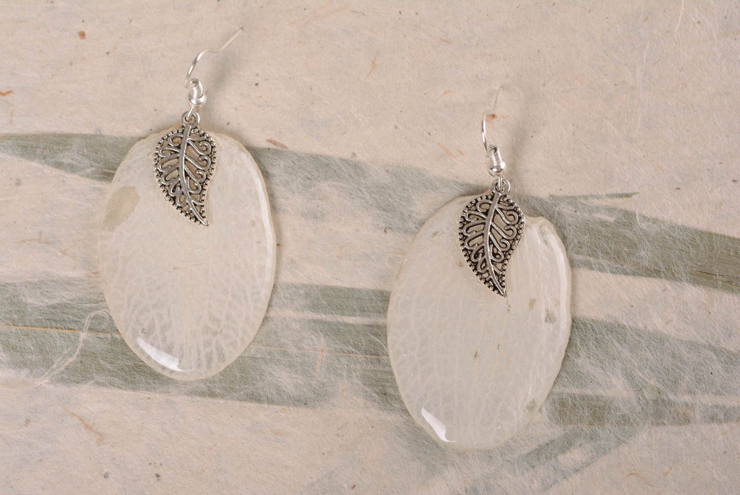 Long white summer handmade earrings with petals in epoxy resin  photo 2