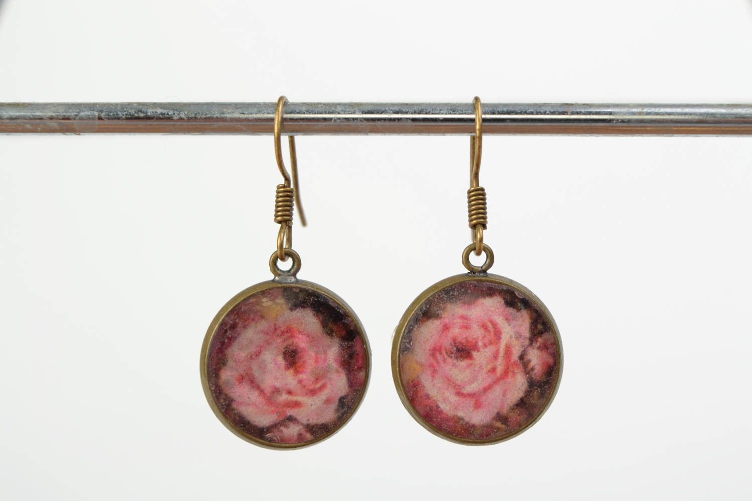 Handmade epoxy resin round earrings with decoupage roses for women photo 2