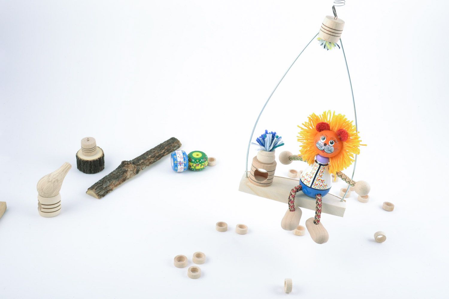 Handmade painted wooden toy lion on swing for gift eco photo 2